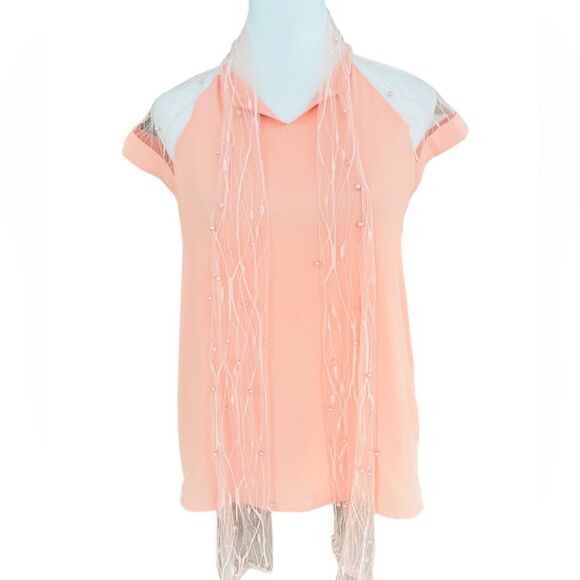 MUGLER peach blouse with front lace & pearl tie, lace shoulders size 6. - Picture 1 of 9